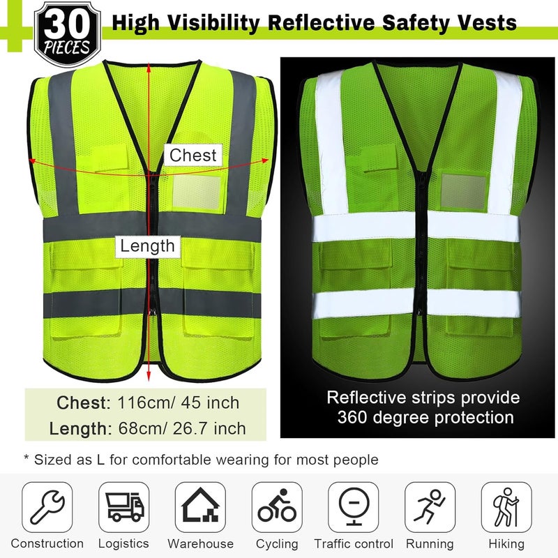 JaGely 30 Pack Reflective Safety Vests with Pockets, High Visibility Mesh Construction Vest for Men Women, Neon Yellow, Size L - Image 2